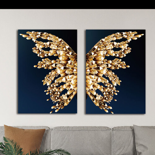 Tableau papillon doré, toile sans cadre, lot de 2 1