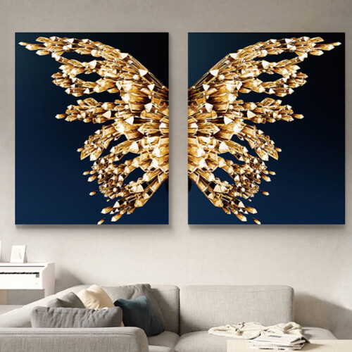 Tableau papillon doré, toile sans cadre, lot de 2 2
