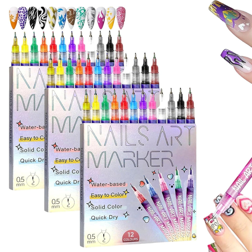 12-Color Nail Art Pens Set, Quick-Dry Doodle Markers for Gel Nails, DIY Dotting & Liner Pens â 3PCS, Compatible with Gel Nails