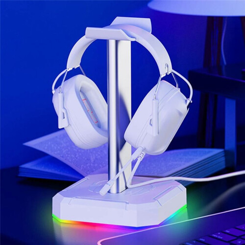Hoofdtelefoonbeugel Display Rack RGB-Achtergrondverlichting op Het Hoofd Gemonteerde Standaardhouder Desktop Organizer Verticale Beugelhanger, Wit 1