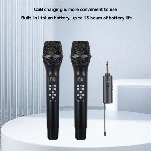 Wireless Microphone Dual Channel UHF Handheld Dynamic Mic Set Receiver with Rechargeable Receiver for Stage Karaoke