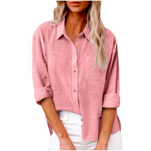 Blusas de verão femininas, camisas femininas plus size com gola, manga comprida, blusas túnica folgadas para o trabalho com bolso, camisetas