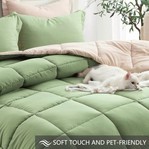 Twin Comforter Set Sage Green Beige Reversible 2-Piece 2