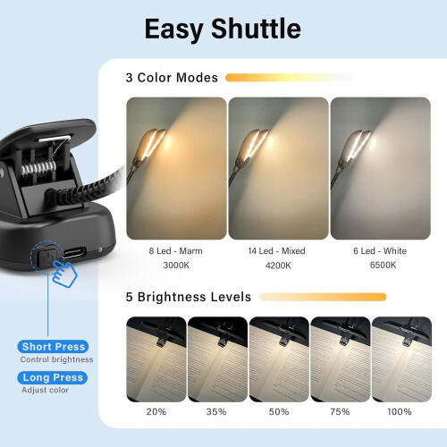 Lampe de lecture rechargeable avec 14 LED, 3 modes de couleur, 2