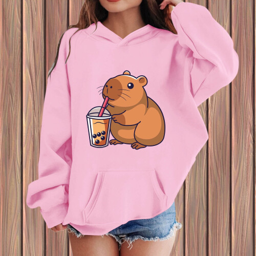 Χαριτωμένη μπλούζα με κουκούλα και στάμπα Capybara για νήπια, με χαμηλωμένους ώμους, 1