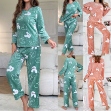 Women's Bunny Print Flannel Pajama Set Round Neck Plush
