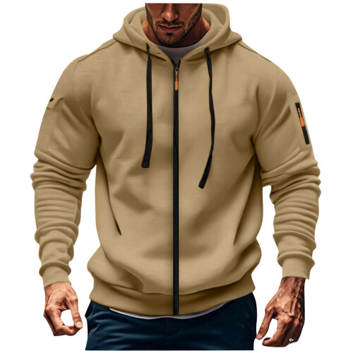 Moletom masculino liso com bolso com zíper e cordão.
