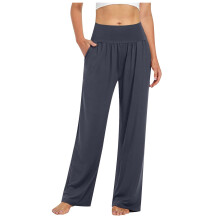 Calça feminina de cintura alta, pernas largas e modelagem solta, ideal para esportes, praia, férias e uso casual em casa.
