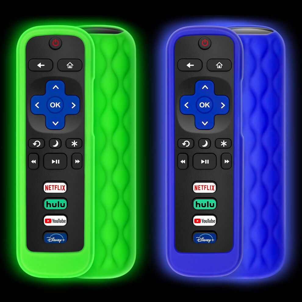 (Pack Of 2) Remote Cover Case For Roku Tv Remote Control/Silicone Protective Sleeve Skin - Glow In The (/Blue) Dark/Green/Blue 9422877769544