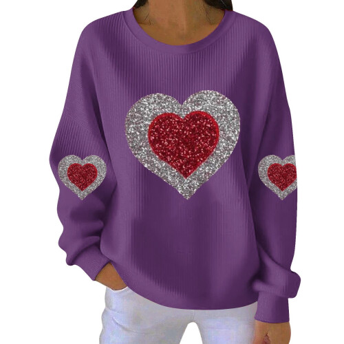Damen-Sweatshirt mit Herzmuster zum Valentinstag, gerippt, lang