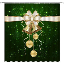 Green Christmas Shower Curtain with Golden Bells &