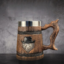 (Lion's head) Large Capacity German Style Wood Barrel Beer Mug Rustic Faux Wood Drinking Tankard 600ML