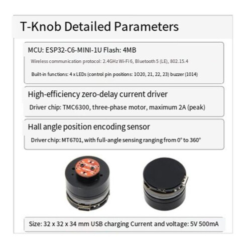 LILYGO T-Knob ESP32-C6 Wi-Fi6 BLE5 Thread -1U Zero Standby Current Hall-Based Angle Position Encoder Sensor Knob Board 2