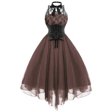 Abito gotico da donna QLEICOM, abito vintage punk hippie senza maniche con scollo all'americana, abito da cocktail a trapezio irregolare in pizzo
