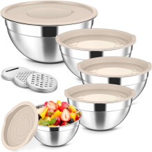 5-Piece Mixing Bowls with Lids & 3 Grater Attachments, Stainless Steel, 1.5–4.6QT, Khaki, Compatible with Standard Kitchen Tools