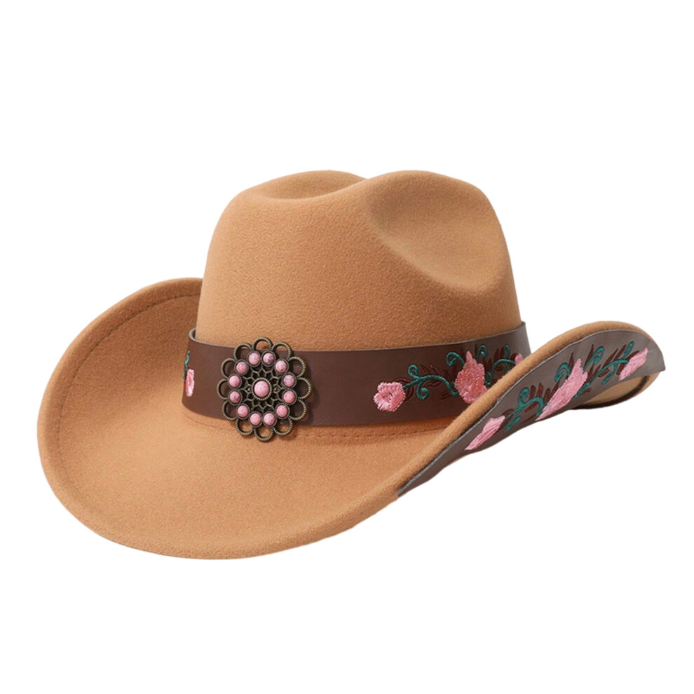 (One Size, Khaki) Men Women Felt Cowgirl Hat Wide Brim Jazz Cap Flower Embroidered Leather Belt Design Western Cap