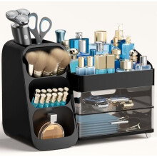 Organisateur de maquillage avec porte-pinceaux – Grand organisateur de comptoir noir pour rouges à lèvres, vernis à ongles, parfums, palettes de
