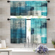 Ensemble de rideaux de cuisine turquoise et gris (137 x 61 cm), rideaux modernes à œillets et cantonnière, rideaux de style abstrait inspirés des