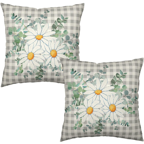 Conjunto de 2 capas de almofada Daisy em linho cinza e branco, 40x40cm (16x16 polegadas). 1