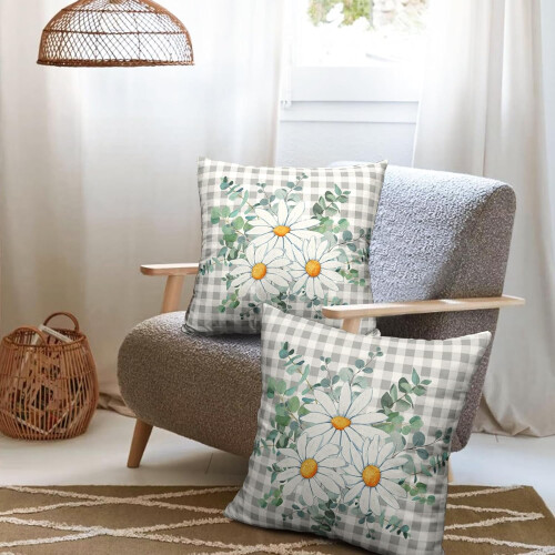Conjunto de 2 capas de almofada Daisy em linho cinza e branco, 40x40cm (16x16 polegadas). 2