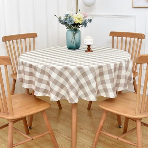 Toalha de mesa redonda xadrez vichy, resistente, em algodão, para sala de jantar (R-Bege, 53 polegadas de diâmetro)