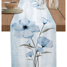 Camino de mesa de lino y algodón con efecto degradado – Flores azules, decoración retro para cocina y fiestas, 33 x 228 cm