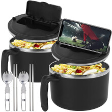 Lot de 2 bols à ramen rapides avec couvercle filtrant, 1200 ml, pour micro-ondes, avec cuillère et baguettes. Sans BPA.