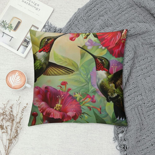 Short Plush Pillowcase with Hummingbird Floral Design 1
