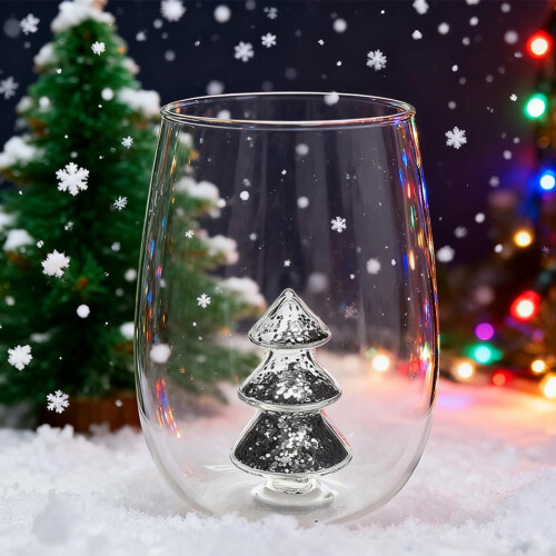 Pekkaxy Stemless Wine Glass with 3D Christmas Tree Inside, Holiday Drinking Cup Gift 1
