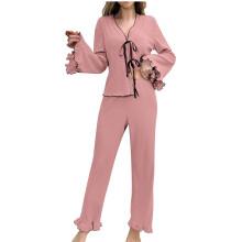 Damen-Pyjama-Set mit langen Ärmeln, V-Ausschnitt, ausgestellten Bündchen und Saum, dehnbar, bequemes Material, lässige Loungewear,