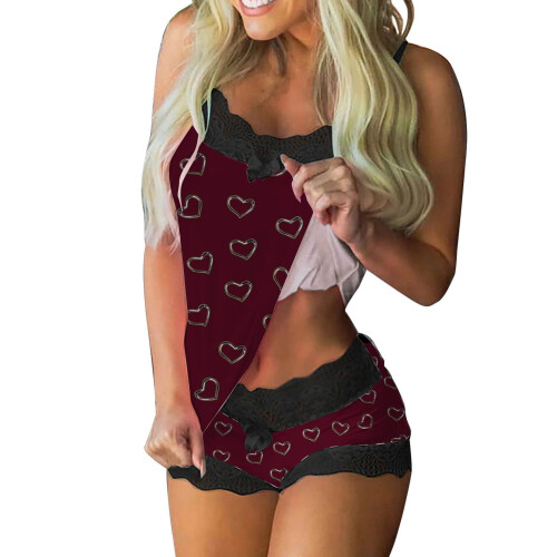 Hjerteblonder pyjamassæt til damer med camisoleshorts (S-2XL) elastisk romantisk