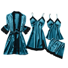 4-teiliges Damen-Nachtwäscheset aus Spitze mit gepolsterten Cups, bestehend aus Morgenmantel, Tanktop, Camisole und Shorts – weiche Loungewear,
