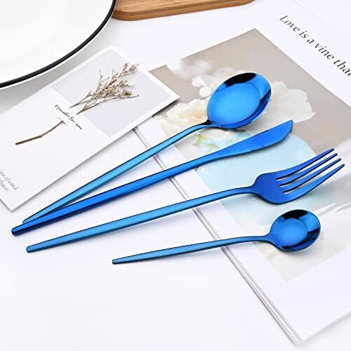 24-Piece Mirror-Finish Blue Flatware Set, 18/0 Stainless 1