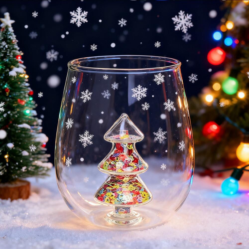 Pekkaxy Stemless Wine Glass with 3D Christmas Tree Inside, Holiday Drinking Cup Gift 2