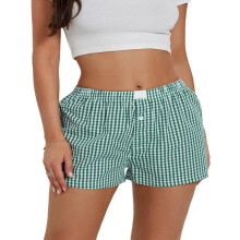 Shorts xadrez femininos casuais com cintura elástica, estilo boxer, para usar em casa ou como pijama.
