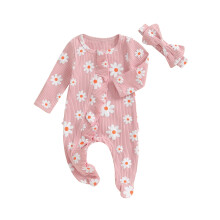 (6-9 Months, Pink) Combinaison bébé fille à pieds, imprimé floral, col rond, manches longues, volants, vêtements d'automne, body avec bandeau