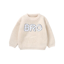 (9-12 Months, White) Suéter infantil masculino de tricô grosso com bordado de letras, manga comprida e gola redonda.