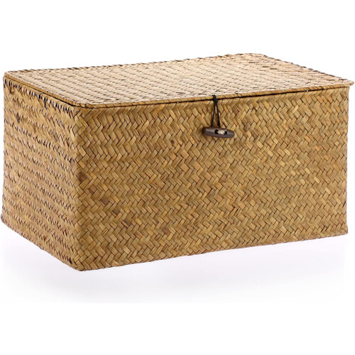 Wicker Storage Bins with Lid, 12.6" Rectangular Woven Organizer Boxes for Home & Office Supplies