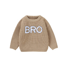 (6-9 Months, Khaki) Suéter infantil masculino de tricô grosso com bordado de letras, manga comprida e gola redonda.