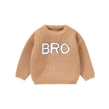 (9-12 Months, Brown) Suéter infantil masculino de tricô grosso com bordado de letras, manga comprida e gola redonda.