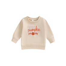 (18-24 Months, Beige) Sudadera informal de Halloween para niños pequeños, manga larga, cuello redondo, con bordado de calabaza y letra.
