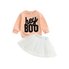 (3-4 Years, White) Ensemble d'automne 2 pièces pour fille : sweat-shirt brodé et jupe en tulle élastique