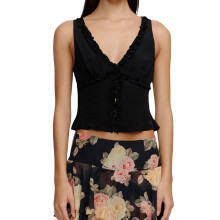 (M, Black) Débardeurs à volants pour femmes, coupe slim, col V, sans manches, style streetwear été