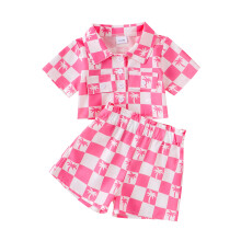 (3-4 Years, Pink) Ensembles d'été pour enfants : T-shirt à carreaux, col boutonné, short élastique