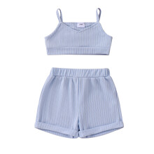 (6-9 Months, Blue) Completo estivo bambina, top senza maniche con scollo a V e pantaloncini con elastico, set 2 pezzi.