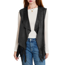 (L, Black) Vestă cu ciucuri pentru femei, anii 70, costum hippie fără mâneci, cowgirl, îmbrăcăminte western