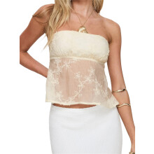 (M, Yellow) Women Crop Tube Tops Summer See-Through Mesh Off-Shoulder Bandeau Tbackless Shirts for Streetwear