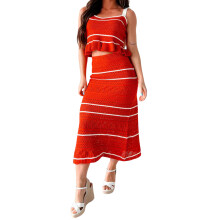 (S, Orange) Ensemble deux pièces pour femme : pull rayé à bretelles nouées, débardeur sans manches à taille élastique et jupe longue.