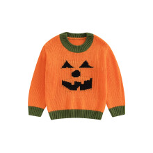 (2-3 Years, Orange) Suéter infantil de tricô para meninas, com estampa de abóbora, manga comprida e gola redonda, perfeito para o Halloween.