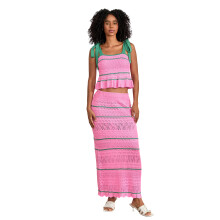 (XL, Pink) Ensemble deux pièces pour femme : pull rayé à bretelles nouées, débardeur sans manches à taille élastique et jupe longue.